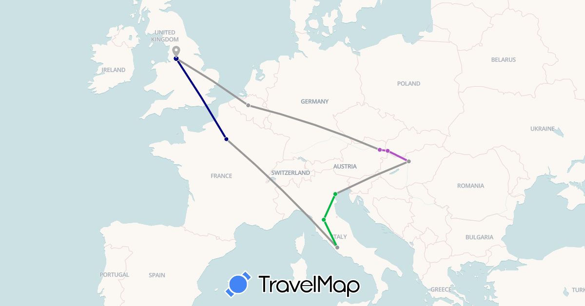 TravelMap itinerary: driving, bus, plane, train in Austria, Belgium, France, United Kingdom, Hungary, Italy, Slovakia (Europe)